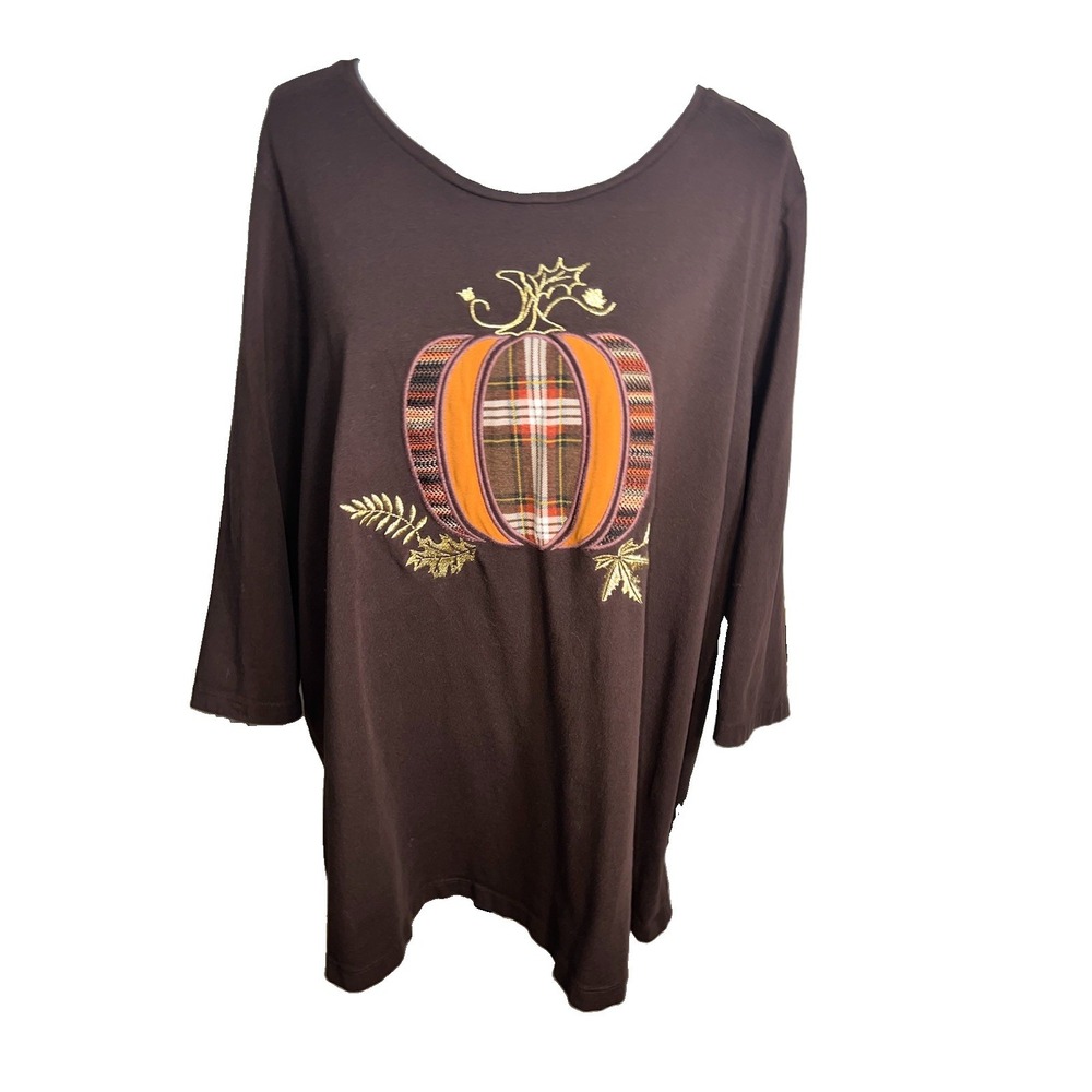 Catherines Patchwork Embroidered Pumpkin Fall Knit Tunic Top Womens Size 1X